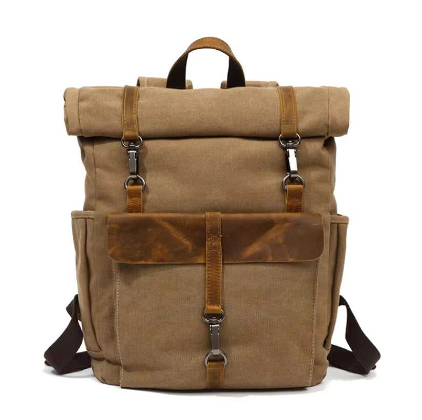 Vintage canvas rolltop backpack in khaki