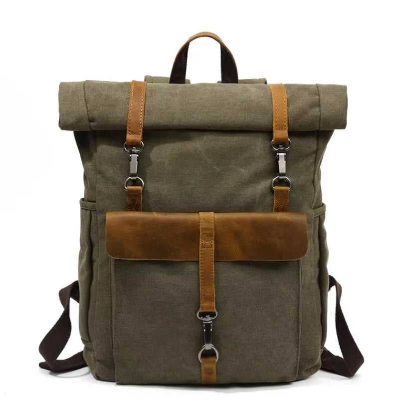 Vintage canvas rolltop backpack in olive green