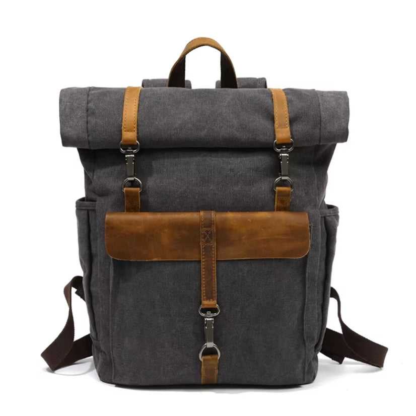 Vintage canvas rolltop backpack in dark gray