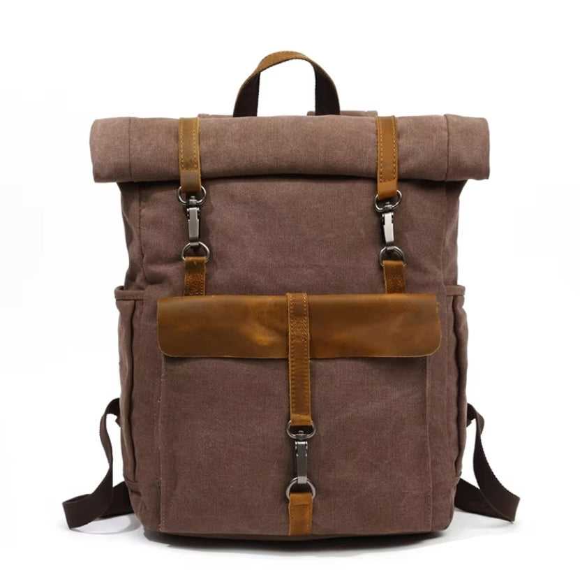 Vintage canvas rolltop backpack in coffee